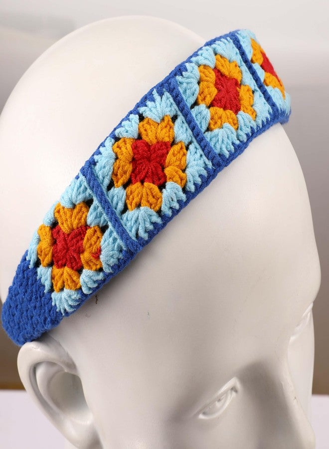 YOOJEE Crochet Headband for Women, Handmade Sunflower & Checkered Hair Accessories, Stretchable Boho Hair Band (Red-Royal Blue, Checkered) - Image 2